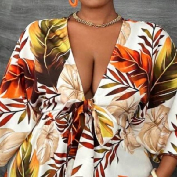 SHEIN Tropical Leaf Print Casual V-Neck Loose Fit Print Komono Style Romper 2XL - Picture 4 of 6